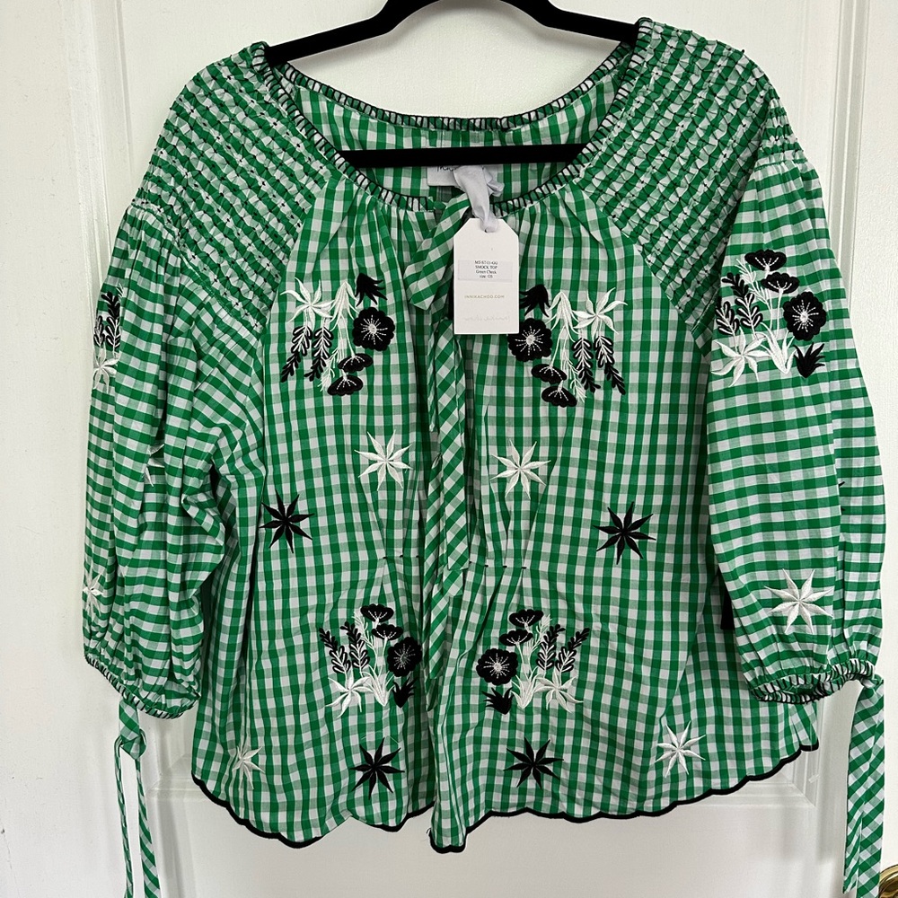 Innika Choo embroidered blouse green gingham